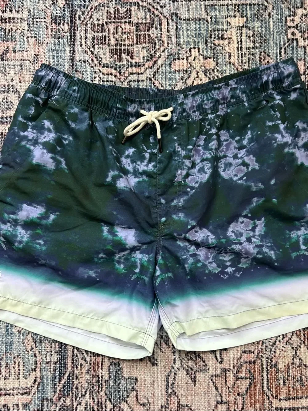 OAS Sweden Men's Green, Navy Purple & White Tie-Dye Ombré Swim Trunks Size XL 4”